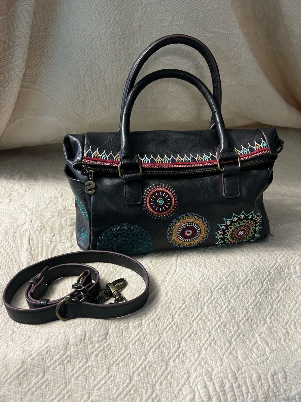 Desigual Black Satchel with Colorful Mandala Embroidery